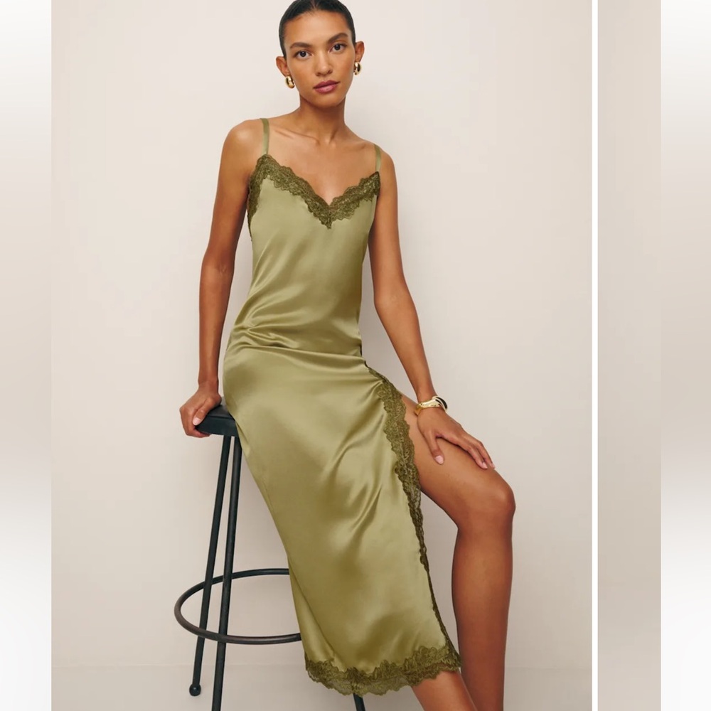 Reformation Karissa 100% Silk Midi Dress Olive Oil Green size 6